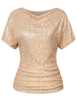 Women 2024 Summer Sequin Top Cowl Neck Batwing Sleeve Ruched Sparkly Glitter Party Blouse