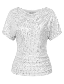 Women 2024 Summer Sequin Top Cowl Neck Batwing Sleeve Ruched Sparkly Glitter Party Blouse