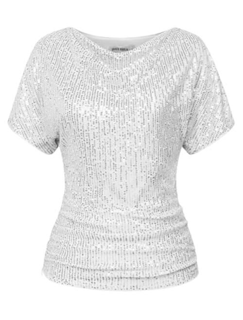 GRACE KARIN Women 2024 Summer Sequin Top Cowl Neck Batwing Sleeve Ruched Sparkly Glitter Party Blouse