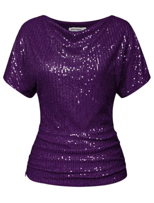 GRACE KARIN Women 2024 Summer Sequin Top Cowl Neck Batwing Sleeve Ruched Sparkly Glitter Party Blouse