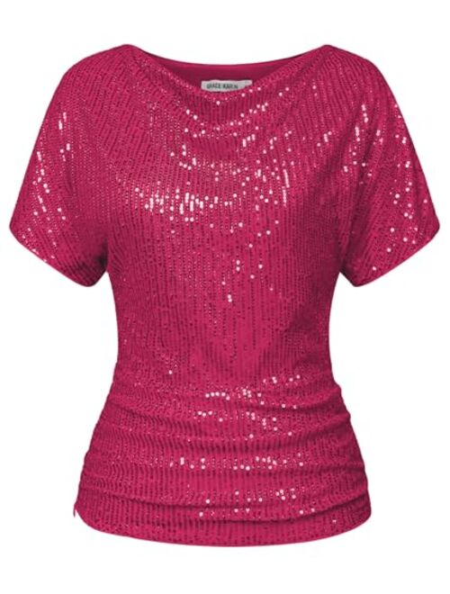 GRACE KARIN Women 2024 Summer Sequin Top Cowl Neck Batwing Sleeve Ruched Sparkly Glitter Party Blouse