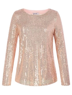 Sequin Tops for Women Sparkly Top Glitter Evening Party Shiny Split Mesh Back Long Sleeve Blouses