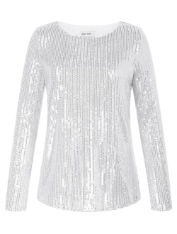 Sequin Tops for Women Sparkly Top Glitter Evening Party Shiny Split Mesh Back Long Sleeve Blouses