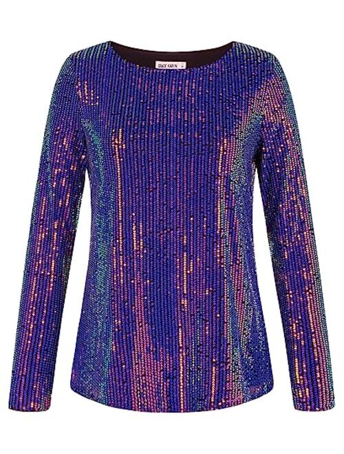 GRACE KARIN Sequin Tops for Women Sparkly Top Glitter Evening Party Shiny Split Mesh Back Long Sleeve Blouses