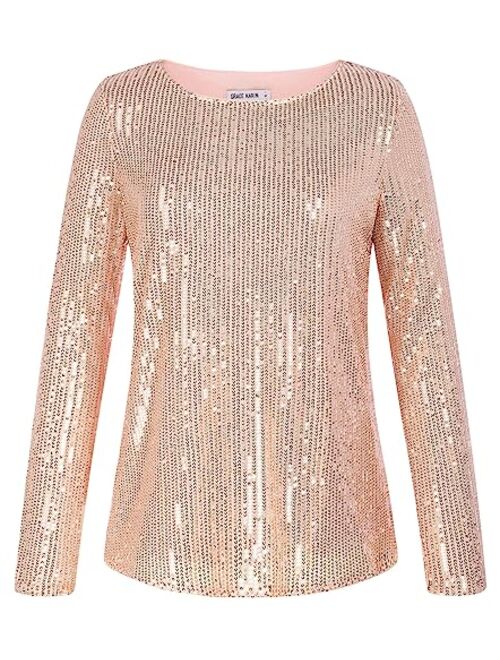 GRACE KARIN Sequin Tops for Women Sparkly Top Glitter Evening Party Shiny Split Mesh Back Long Sleeve Blouses