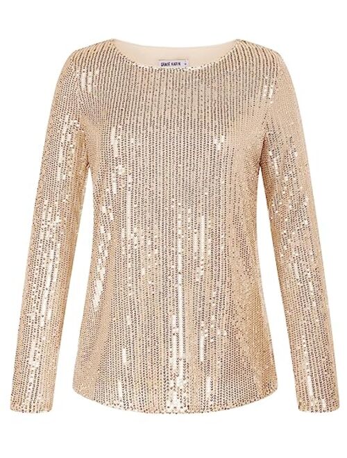 GRACE KARIN Sequin Tops for Women Sparkly Top Glitter Evening Party Shiny Split Mesh Back Long Sleeve Blouses