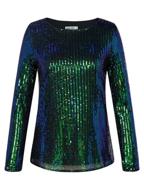 GRACE KARIN Sequin Tops for Women Sparkly Top Glitter Evening Party Shiny Split Mesh Back Long Sleeve Blouses