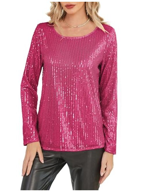 GRACE KARIN Sequin Tops for Women Sparkly Top Glitter Evening Party Shiny Split Mesh Back Long Sleeve Blouses