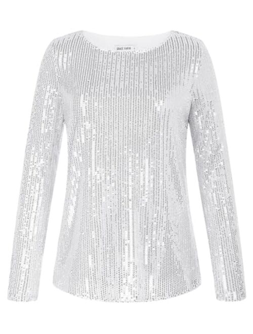 GRACE KARIN Sequin Tops for Women Sparkly Top Glitter Evening Party Shiny Split Mesh Back Long Sleeve Blouses