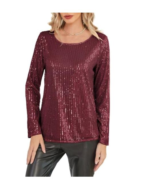 GRACE KARIN Sequin Tops for Women Sparkly Top Glitter Evening Party Shiny Split Mesh Back Long Sleeve Blouses