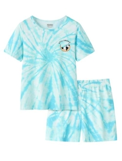 UNICABBIT21 Tie Dye Pajamas for Girls Soft Pandas Daisy Butterfly Big Kids Summer Sleepwear 2-Piece Short Set Size 6-16