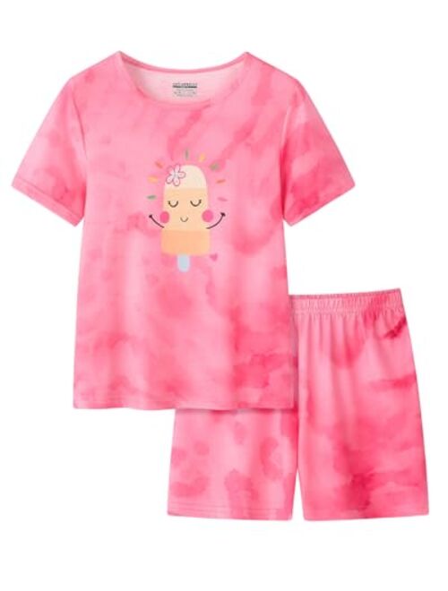 UNICABBIT21 Tie Dye Pajamas for Girls Soft Pandas Daisy Butterfly Big Kids Summer Sleepwear 2-Piece Short Set Size 6-16