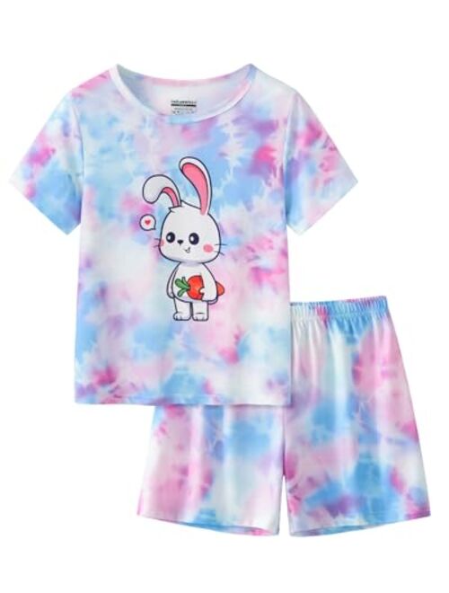 UNICABBIT21 Tie Dye Pajamas for Girls Soft Pandas Daisy Butterfly Big Kids Summer Sleepwear 2-Piece Short Set Size 6-16