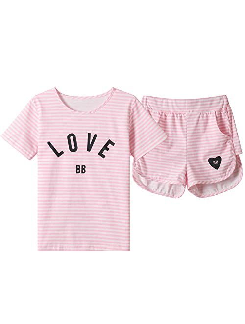 Hupohoi Big Girls Summer Cute Pajama Sets Striped Hearts Shape Printed Sleepwear