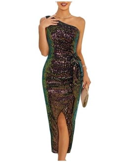 Women Sleeveless One Shoulder Sequin Dress Sparkly Glitter Wrap Dress Cocktail Wedding Maxi Dresses with Slit