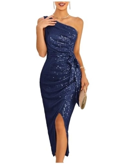 Women Sleeveless One Shoulder Sequin Dress Sparkly Glitter Wrap Dress Cocktail Wedding Maxi Dresses with Slit