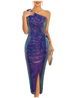 Women Sleeveless One Shoulder Sequin Dress Sparkly Glitter Wrap Dress Cocktail Wedding Maxi Dresses with Slit