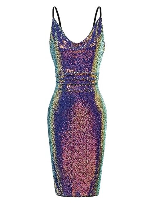 GRACE KARIN Women's Sexy Sequin Sparkly Glitter Cowl Neck Dresses Spaghetti Straps Bodycon Midi Club Party Dress