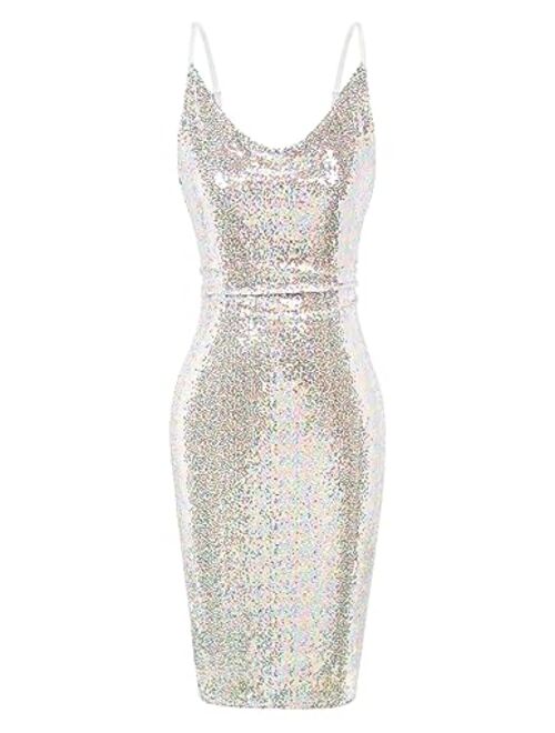 GRACE KARIN Women's Sexy Sequin Sparkly Glitter Cowl Neck Dresses Spaghetti Straps Bodycon Midi Club Party Dress