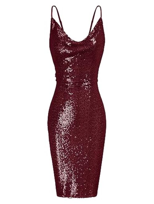 GRACE KARIN Women's Sexy Sequin Sparkly Glitter Cowl Neck Dresses Spaghetti Straps Bodycon Midi Club Party Dress