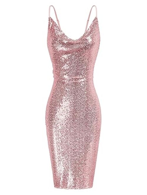 GRACE KARIN Women's Sexy Sequin Sparkly Glitter Cowl Neck Dresses Spaghetti Straps Bodycon Midi Club Party Dress