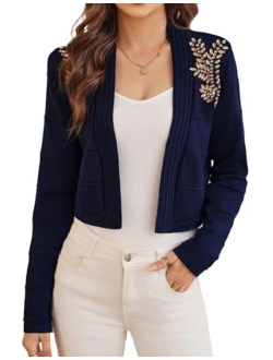 Women Cropped Cardigan Long Sleeve Lightweight Bolero Shrugs Elegant Sweater Tops with Rhinestone S-XXL