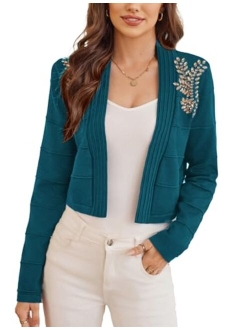 Women Cropped Cardigan Long Sleeve Lightweight Bolero Shrugs Elegant Sweater Tops with Rhinestone S-XXL