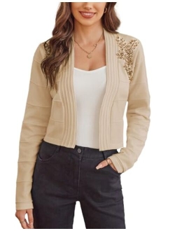 Women Cropped Cardigan Long Sleeve Lightweight Bolero Shrugs Elegant Sweater Tops with Rhinestone S-XXL