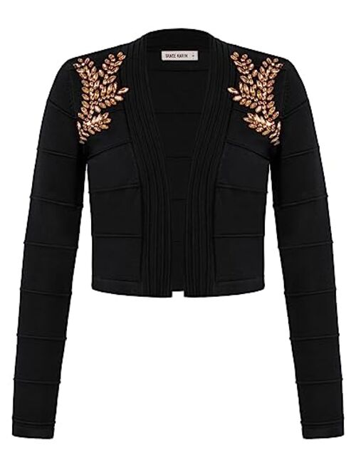 GRACE KARIN Women Cropped Cardigan Long Sleeve Lightweight Bolero Shrugs Elegant Sweater Tops with Rhinestone S-XXL