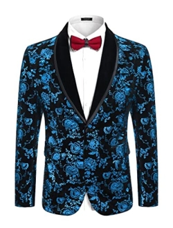 Men's Floral Tuxedo Jacket Shawl Lapel One Button Velvet Suit Jacket Dinner Prom Party Wedding Blazer