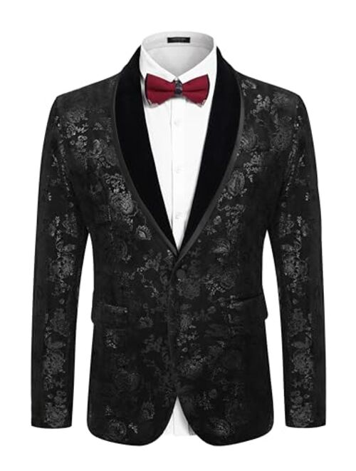 COOFANDY Men's Floral Tuxedo Jacket Shawl Lapel One Button Velvet Suit Jacket Dinner Prom Party Wedding Blazer