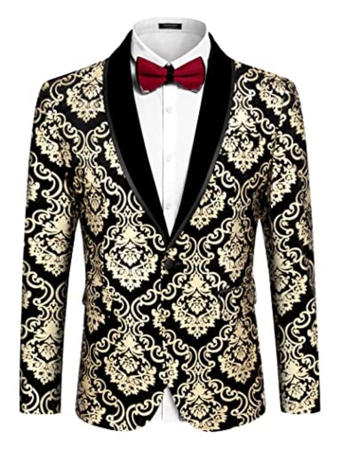 COOFANDY Men's Floral Tuxedo Jacket Shawl Lapel One Button Velvet Suit Jacket Dinner Prom Party Wedding Blazer