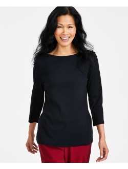 STYLE & CO Women's Pima Cotton 3/4-Sleeve Boat-Neck Top, Regular & Petite,Created for Macy's