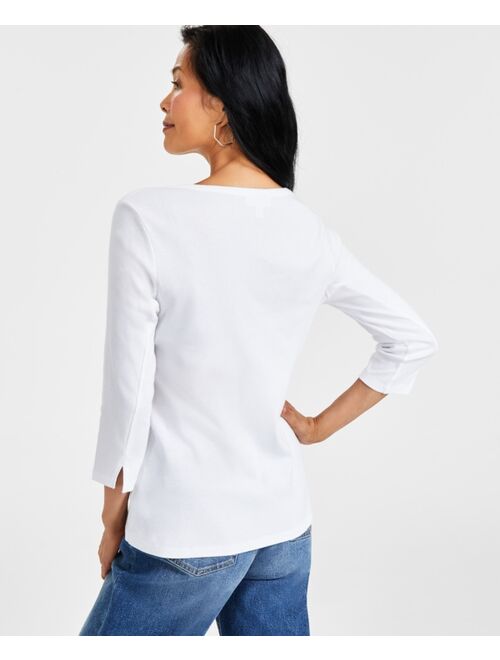 STYLE & CO Women's Pima Cotton 3/4-Sleeve Boat-Neck Top, Regular & Petite,Created for Macy's