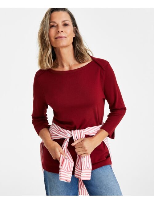 STYLE & CO Women's Pima Cotton 3/4-Sleeve Boat-Neck Top, Regular & Petite,Created for Macy's