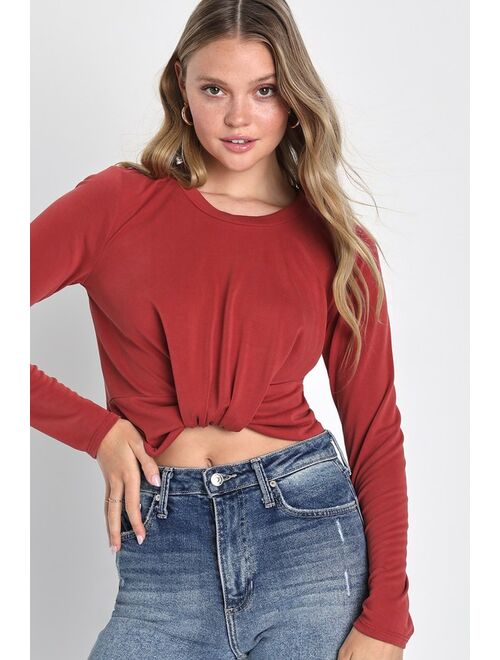 Lulus Knot This Way Rust Red Long Sleeve Knotted Top