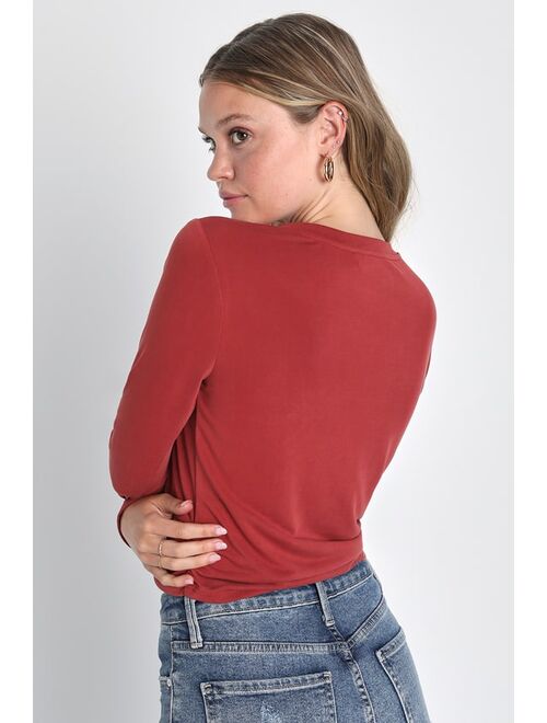 Lulus Knot This Way Rust Red Long Sleeve Knotted Top