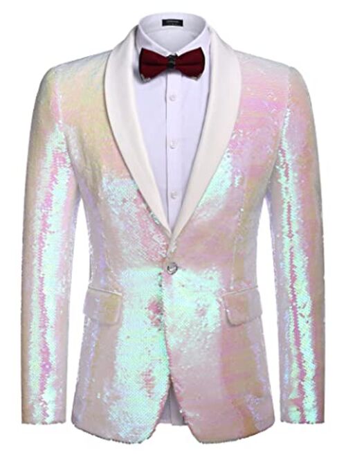 COOFANDY Men Shiny Sequin Blazer Tuxedo Party Dinner Prom One Button Suit Jacket