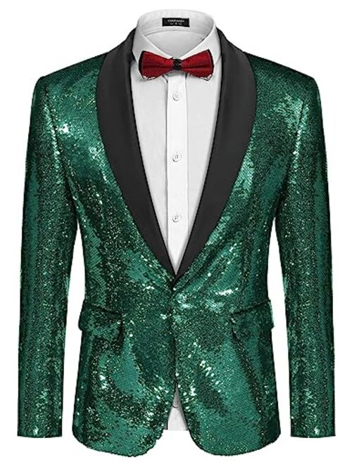 COOFANDY Men Shiny Sequin Blazer Tuxedo Party Dinner Prom One Button Suit Jacket