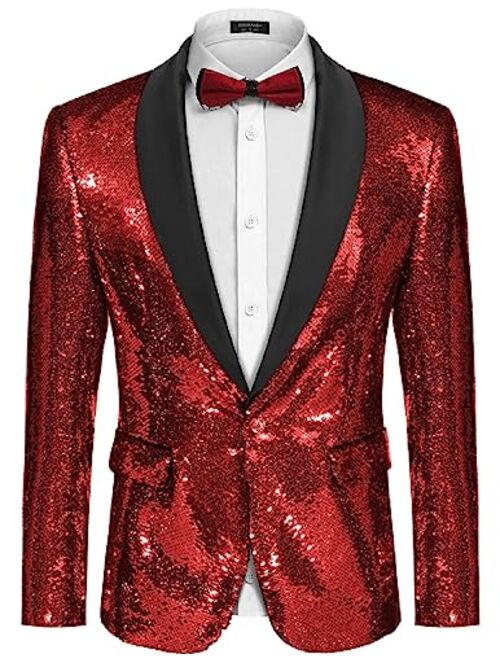 COOFANDY Men Shiny Sequin Blazer Tuxedo Party Dinner Prom One Button Suit Jacket