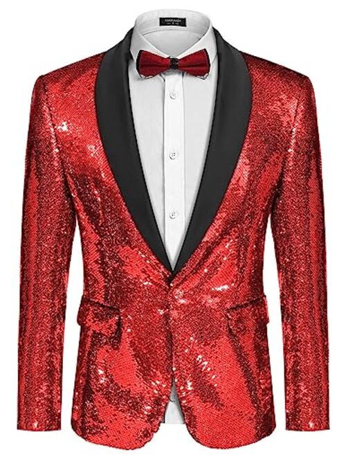 COOFANDY Men Shiny Sequin Blazer Tuxedo Party Dinner Prom One Button Suit Jacket