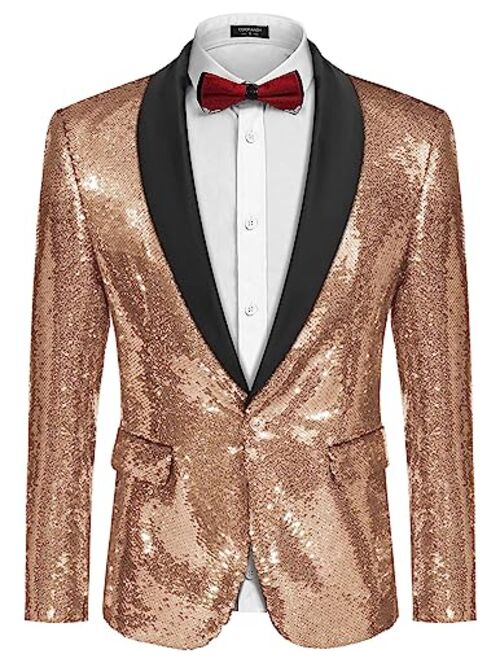 COOFANDY Men Shiny Sequin Blazer Tuxedo Party Dinner Prom One Button Suit Jacket