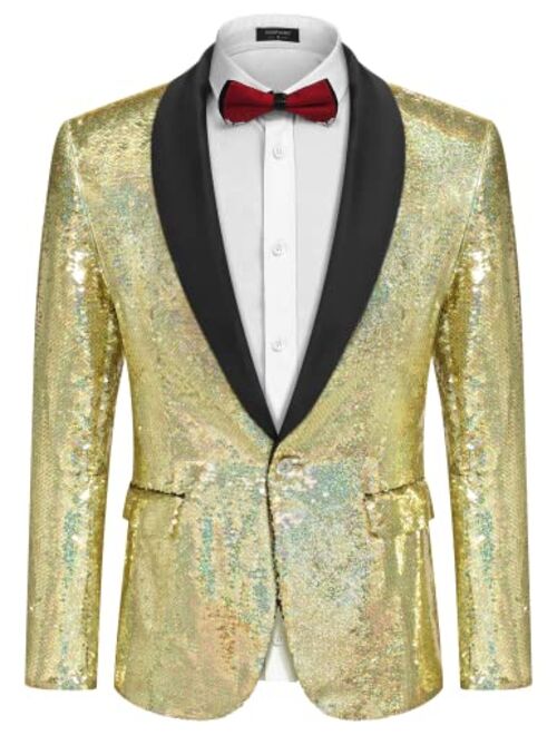 COOFANDY Men Shiny Sequin Blazer Tuxedo Party Dinner Prom One Button Suit Jacket