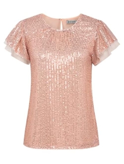 Women's Sparkly Sequin Tops Short Sleeve Glitter Dressy Blouses Round Neck Party Club Ruffle Sequins Shirts