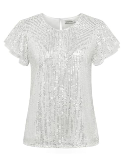 Women's Sparkly Sequin Tops Short Sleeve Glitter Dressy Blouses Round Neck Party Club Ruffle Sequins Shirts