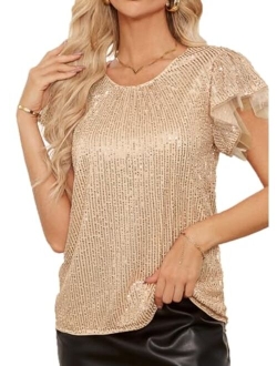 Women's Sparkly Sequin Tops Short Sleeve Glitter Dressy Blouses Round Neck Party Club Ruffle Sequins Shirts