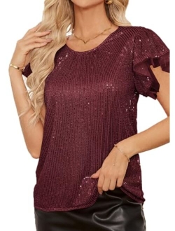 Women's Sparkly Sequin Tops Short Sleeve Glitter Dressy Blouses Round Neck Party Club Ruffle Sequins Shirts