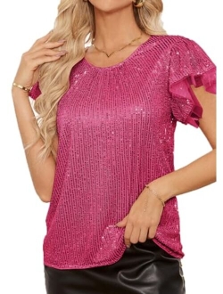 Women's Sparkly Sequin Tops Short Sleeve Glitter Dressy Blouses Round Neck Party Club Ruffle Sequins Shirts