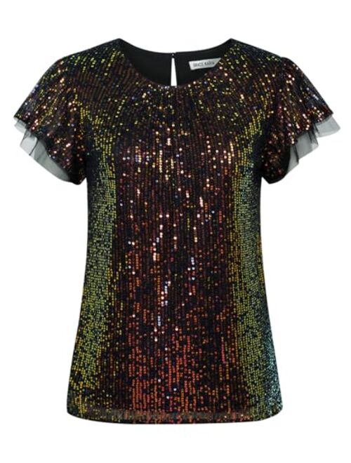 GRACE KARIN Women's Sparkly Sequin Tops Short Sleeve Glitter Dressy Blouses Round Neck Party Club Ruffle Sequins Shirts