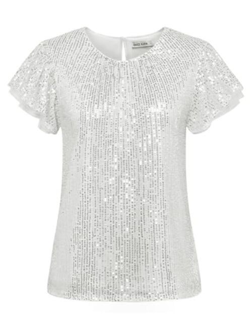 GRACE KARIN Women's Sparkly Sequin Tops Short Sleeve Glitter Dressy Blouses Round Neck Party Club Ruffle Sequins Shirts